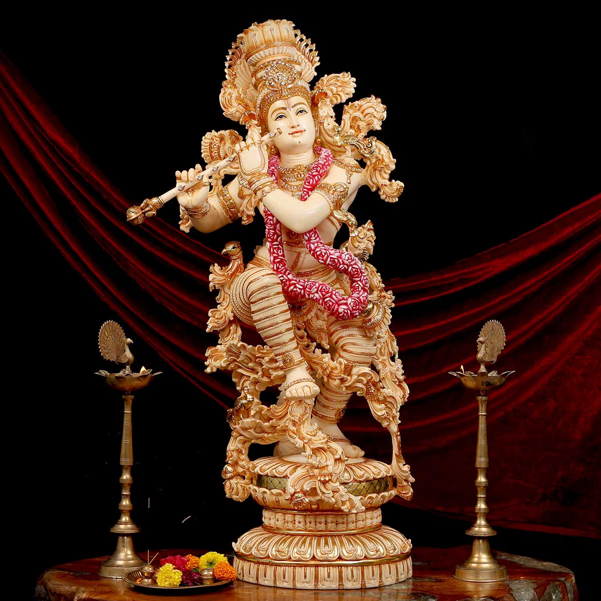 Lord Krishna Playing Bansuri Standing Idol made of Soft Marble - 22 x 15x 48 Inch , 51.5 Kg