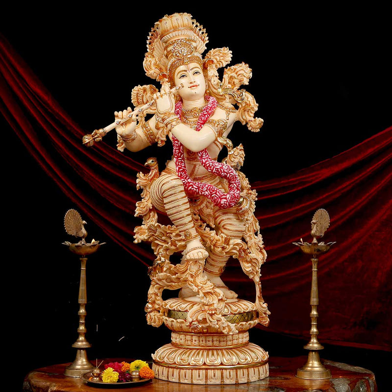 Lord Krishna Playing Bansuri Standing Idol made of Soft Marble - 22 x 15x 48 Inch , 51.5 Kg