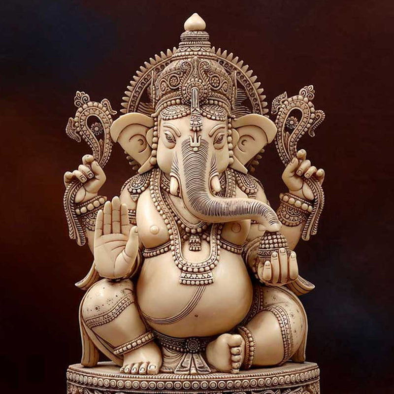 Lord Ganesha sitting on ganesha pedestal Idol Ivory made of Soft stone - 9 x 5 x 18 Inch, 5.8 Kg
