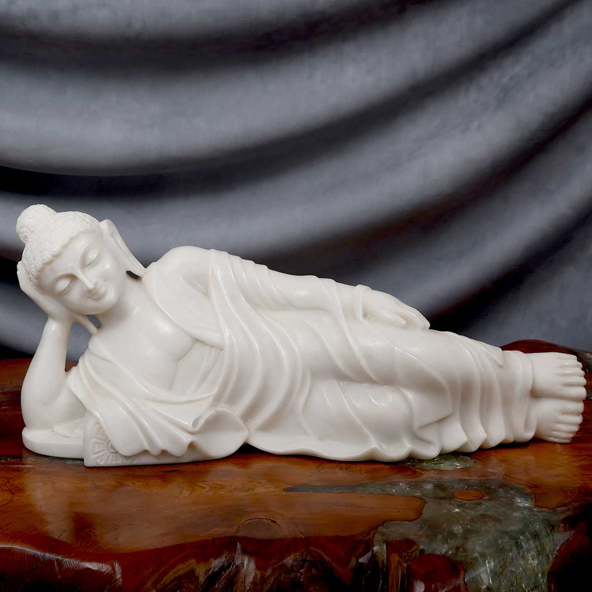 Lord Buddha Sleeping Made of Makrana Marble - 24 x 7 x 10 Inch, 30 Kg
