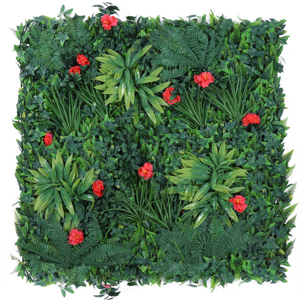 Red Flowers with Green Leaves Artificial Vertical Green Garden Wall Tile