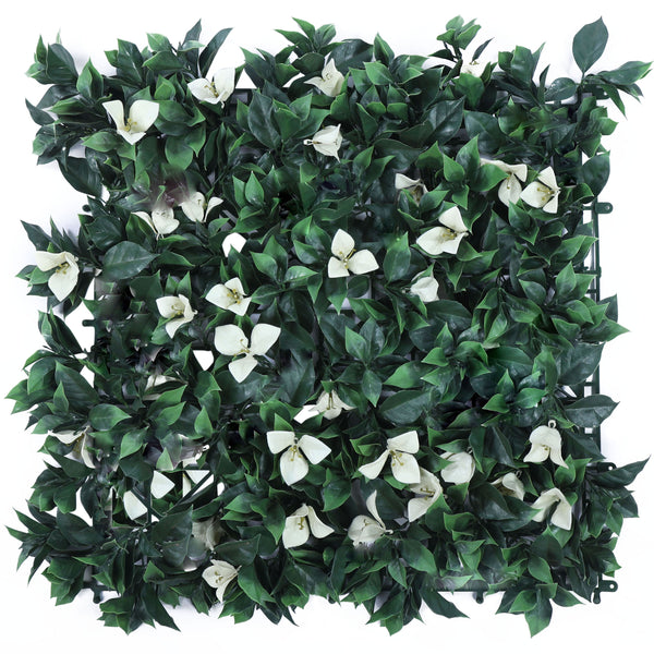 White Flowers with Green Leaves Vertical Green Garden Wall Tile (Size: 50cm x 50cm, Pack of 1)