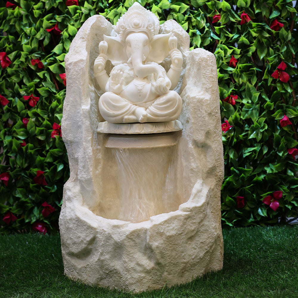 White Ganesha with Water Curtain Fountain