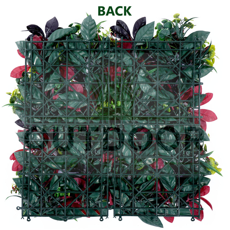 Red and Lush Green Leaves  Artificial Vertical Garden Wall Tile (Size: 50cm x 50cm, Pack of 1)