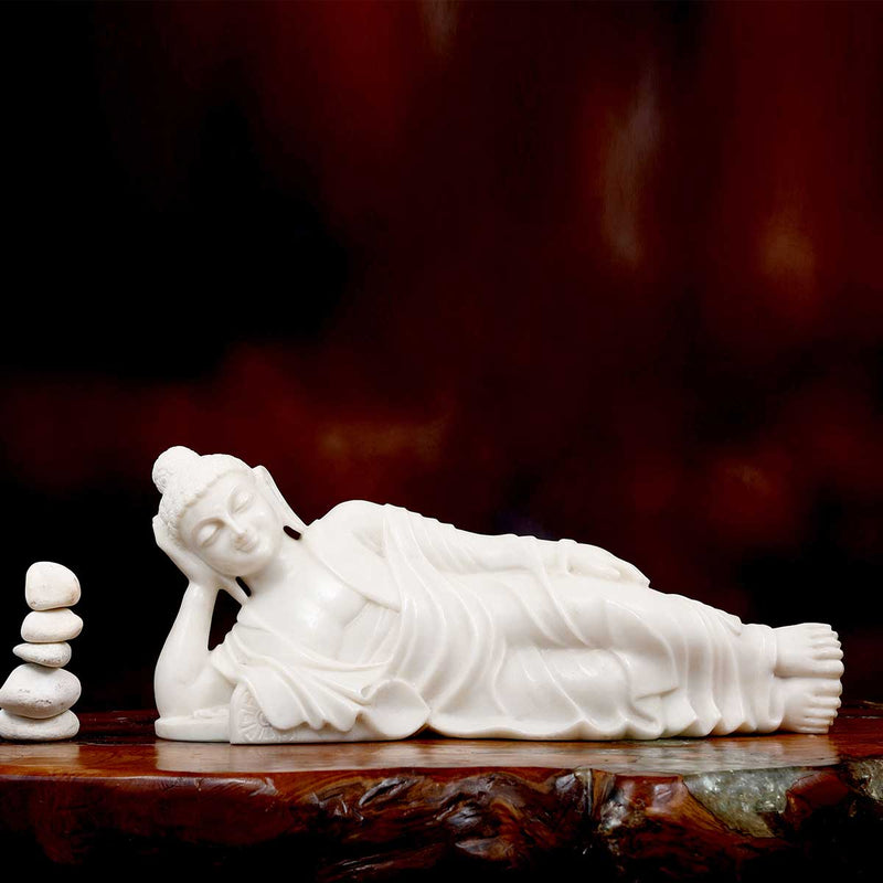 Lord Buddha Sleeping Made of Makrana Marble - 24 x 7 x 10 Inch, 30 Kg