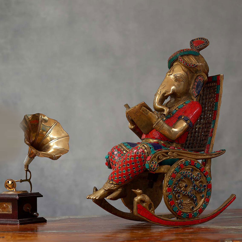 Lord Ganesha Colorful reading Idol made of Pure Brass - 7.5 x 13 x 15.5 Inch, 11.5 Kg
