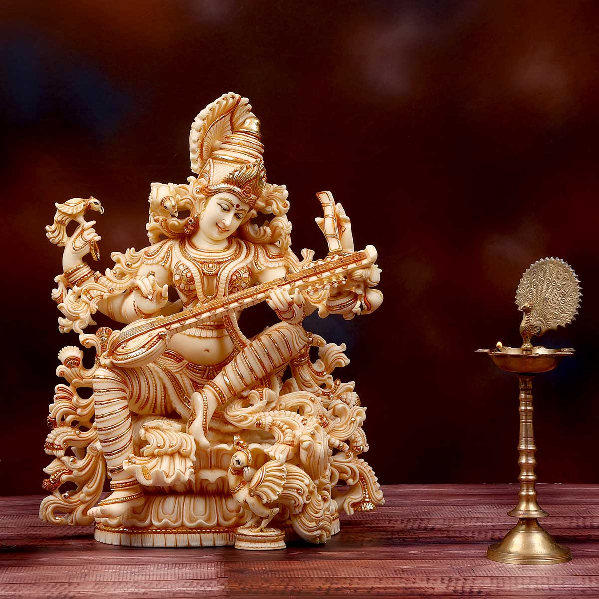 Saraswati Idol Made of Soft Marble - 15 x 7 x 18 Inch, 9 Kg