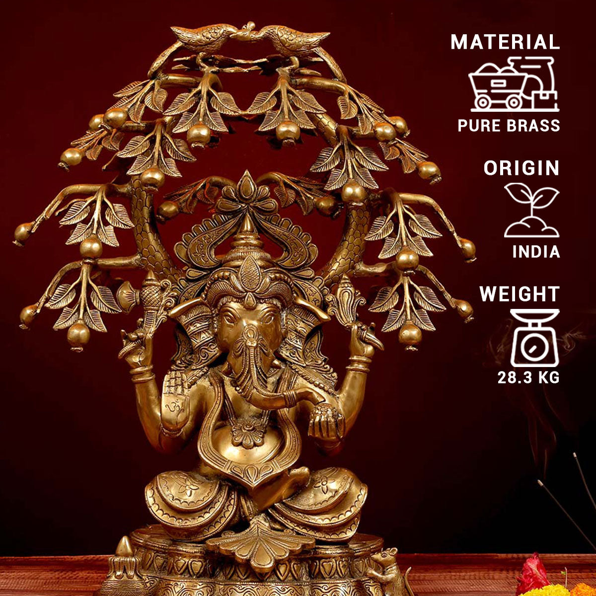 Lord Ganesha sitting under tree and peacocks Idol made of Pure Brass - 22 x 20 x 25 Inch, 28.3 Kg