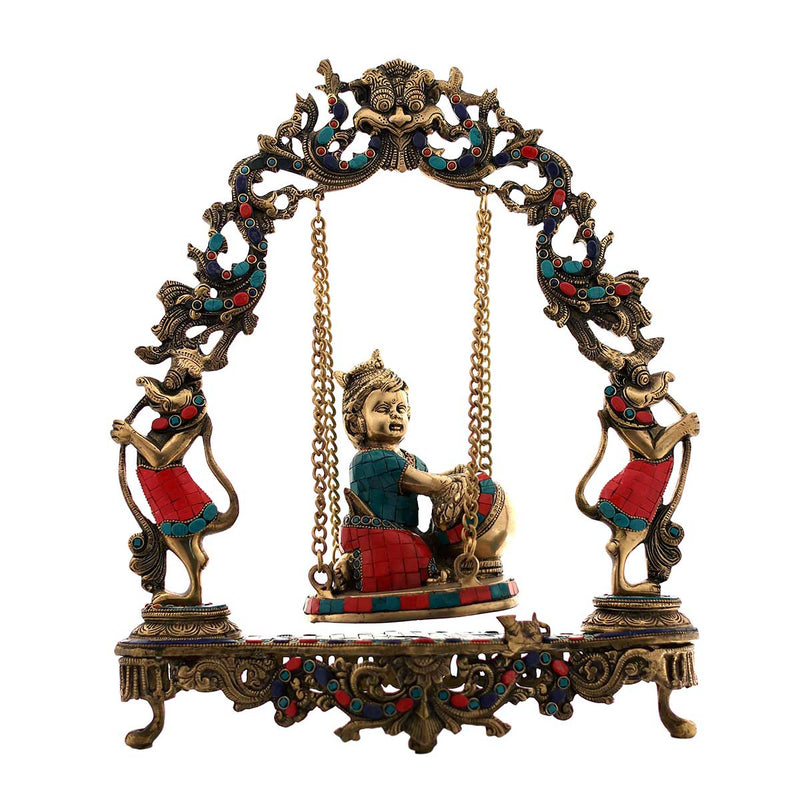 Lord Krishna Sitting on Swing Statue Made of Pure Brass - 16 x 5 x 18 Inch, 7 Kg