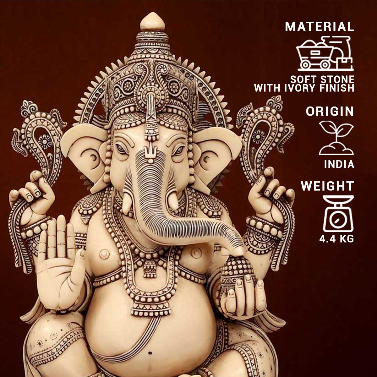 Lord Ganesha sitting on Lotus Idol Ivory made of Soft stone - 9 x 4.5 x 15 Inch, 4.4 Kg