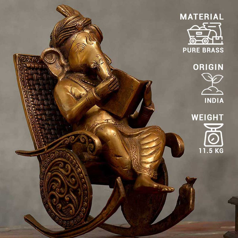 Lord Ganesha reading Idol made of Pure Brass - 7.5 x 13 x 15.5 Inch, 11.5 Kg