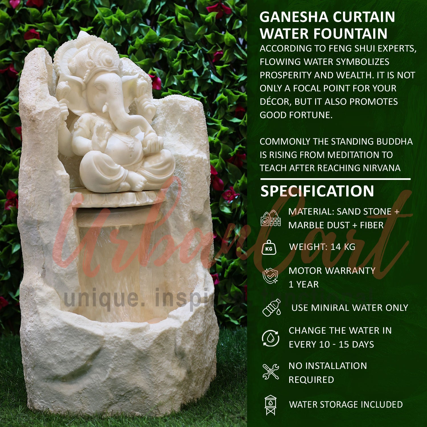 White Ganesha with Water Curtain Fountain