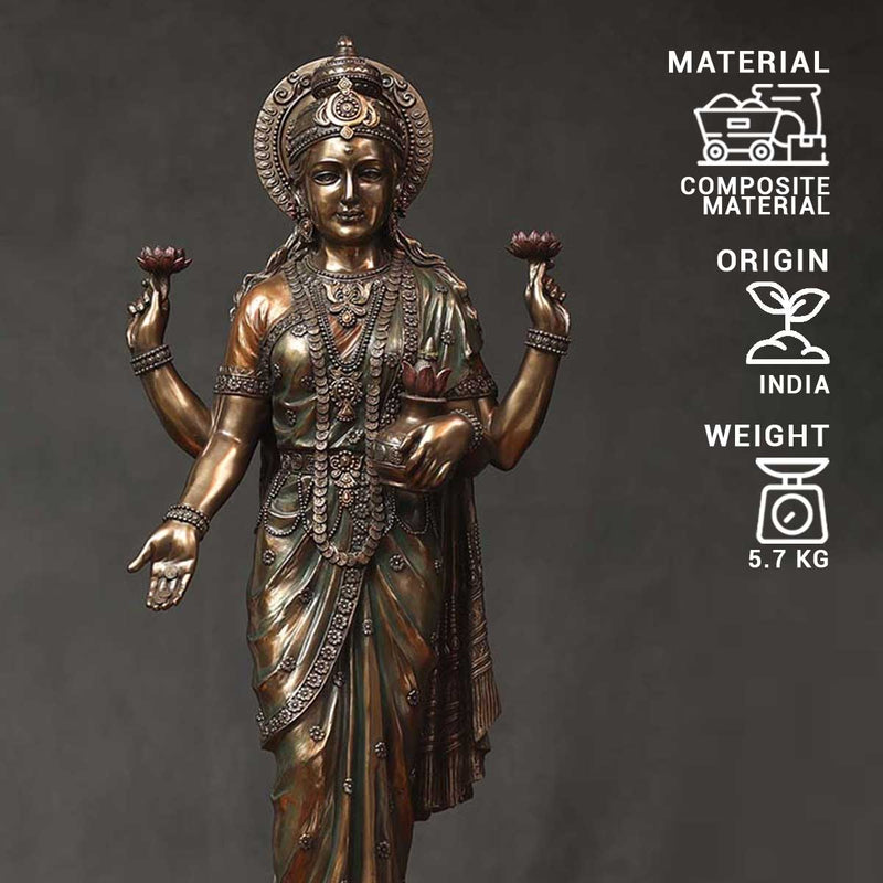 Lord Laxmi  Standing With loutas Made of Bronze Composite - 12 x 11.5 x 26 Inch, 5.7 Kg