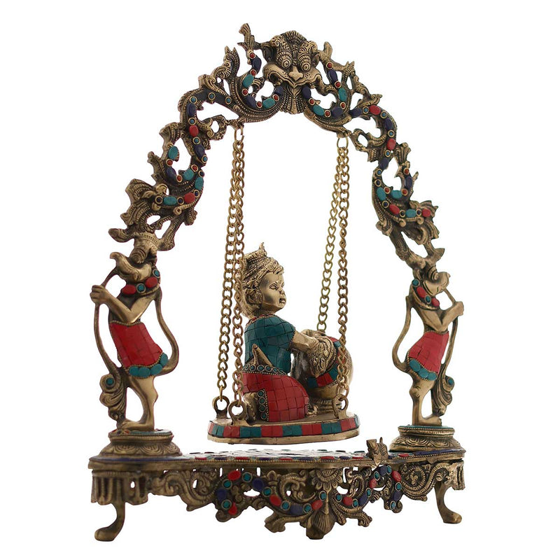 Lord Krishna Sitting on Swing Statue Made of Pure Brass - 16 x 5 x 18 Inch, 7 Kg