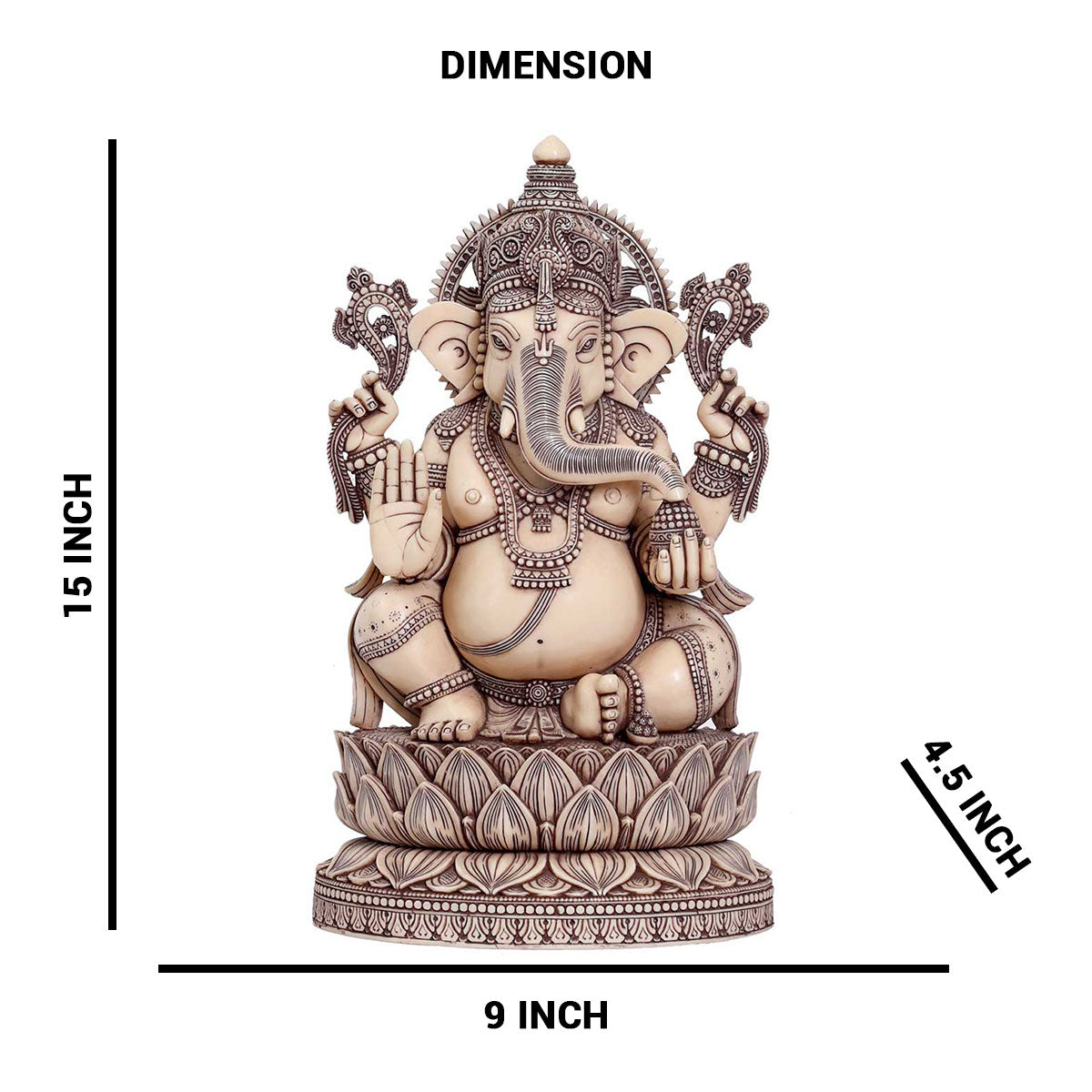 Lord Ganesha sitting on Lotus Idol Ivory made of Soft stone - 9 x 4.5 x 15 Inch, 4.4 Kg