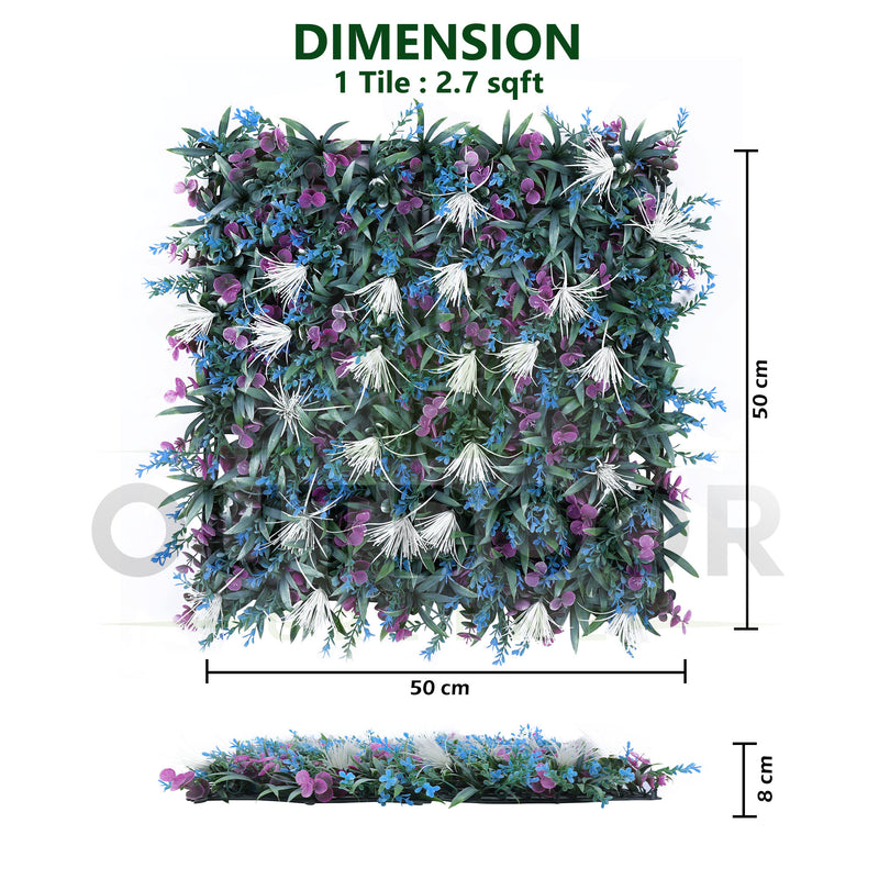 White Purple Flowers with Blue Green Leaves Artificial Vertical Green Garden- Dimension