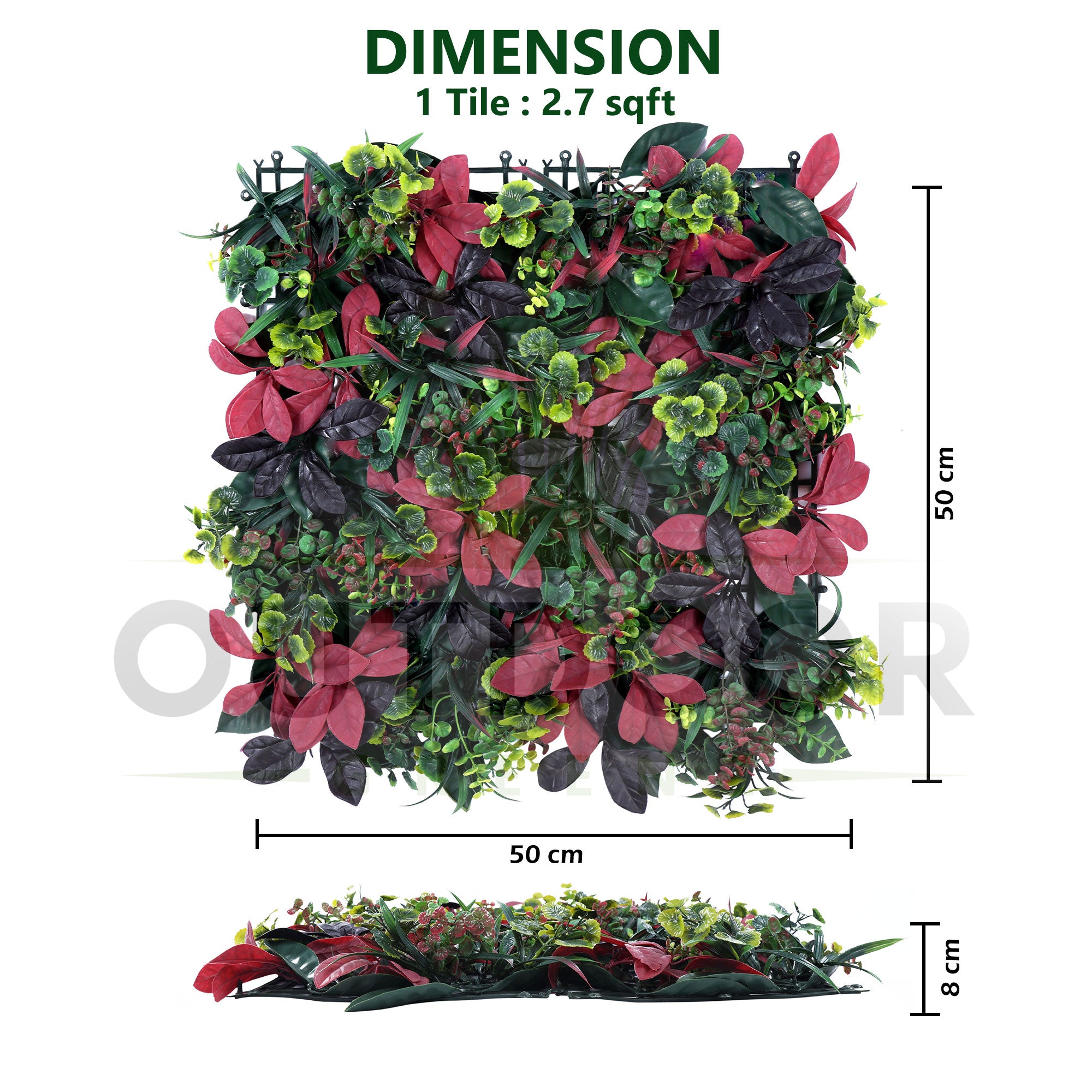 Red and Lush Green Leaves  Artificial Vertical Garden Wall Tile (Size: 50cm x 50cm, Pack of 1)
