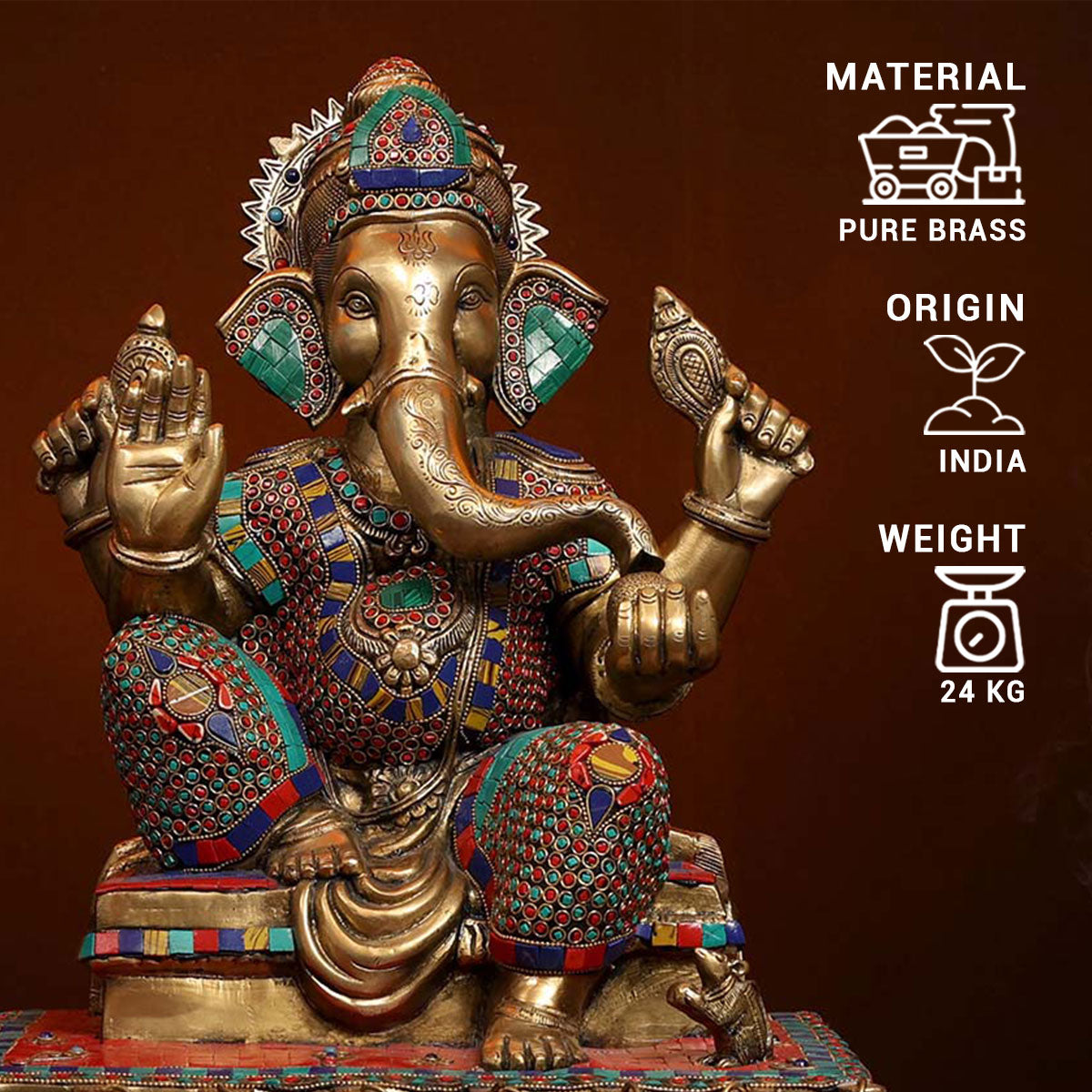 Lord Ganesha color stone sitting on bell stagec Idol made of Pure Brass - 15 x 10 x 21 Inch, 24 Kg