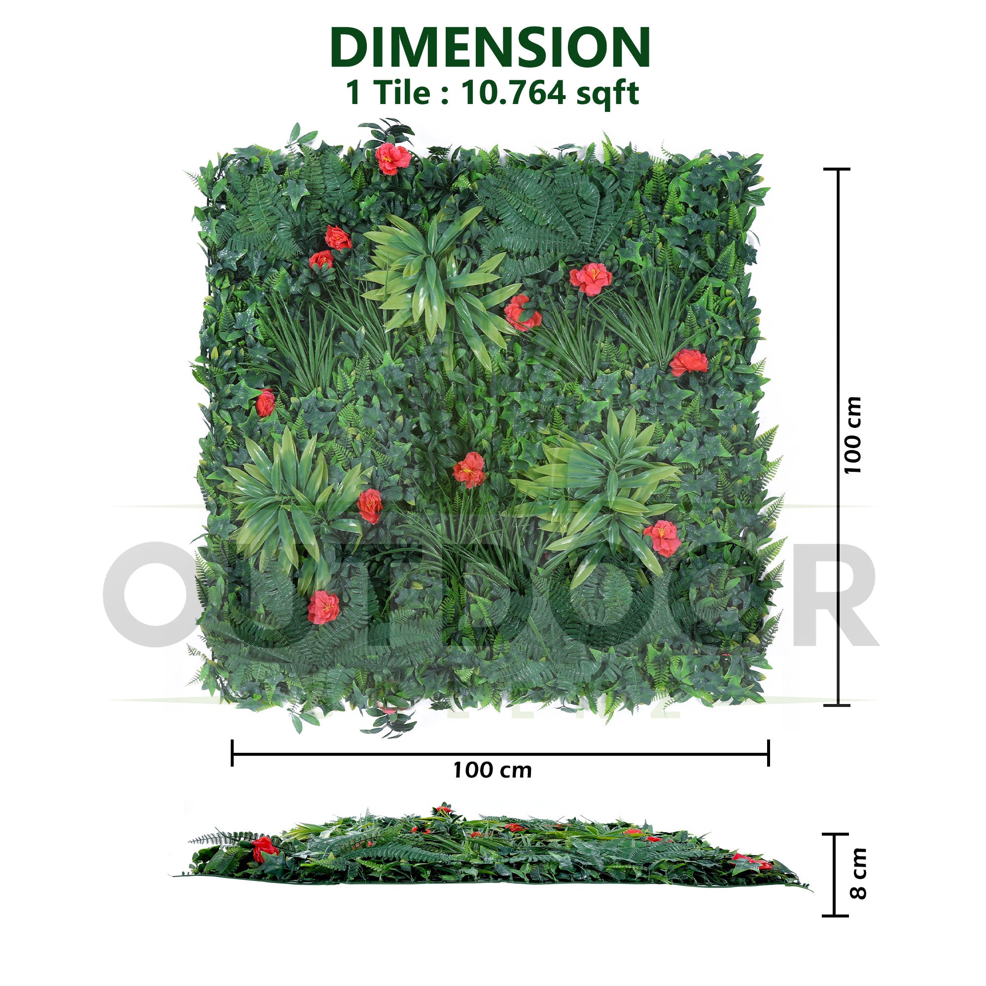 Red Flowers with Green Leaves Artificial Vertical Green Garden Wall Tile - dimension