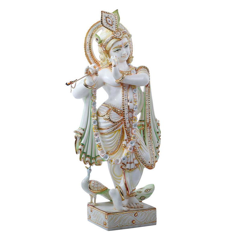 Krishna Playing Bansuri Standing Statue Made of Soft Marble - 15 x 6 x 27 Inch, 15.5 Kg