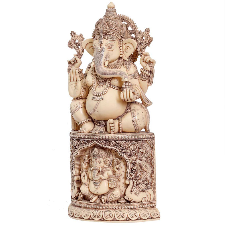 Lord Ganesha sitting on ganesha pedestal Idol Ivory made of Soft stone - 9 x 5 x 18 Inch, 5.8 Kg