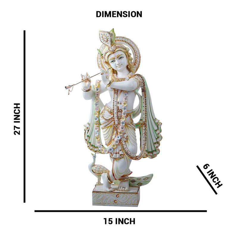 Krishna Playing Bansuri Standing Statue Made of Soft Marble - 15 x 6 x 27 Inch, 15.5 Kg