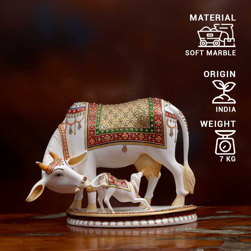 Lord Kamdhenu Standing with Calf Made of Soft marble - 14 x 7 x 11 Inch, 7 Kg