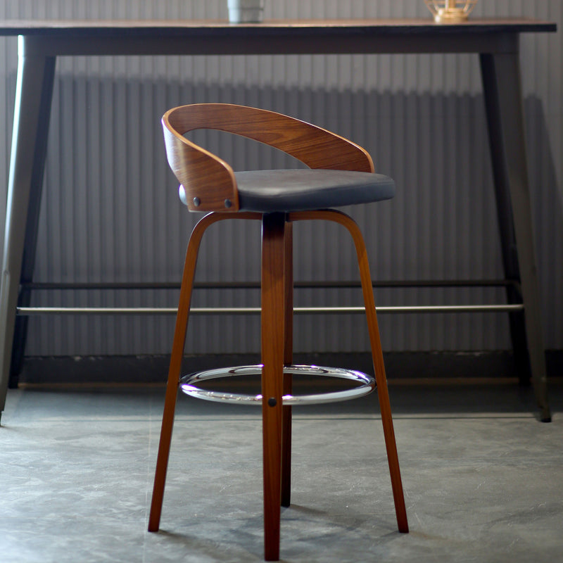 Teo Barstool With Unique Wooden Backrest, Leg And Leather Seat.