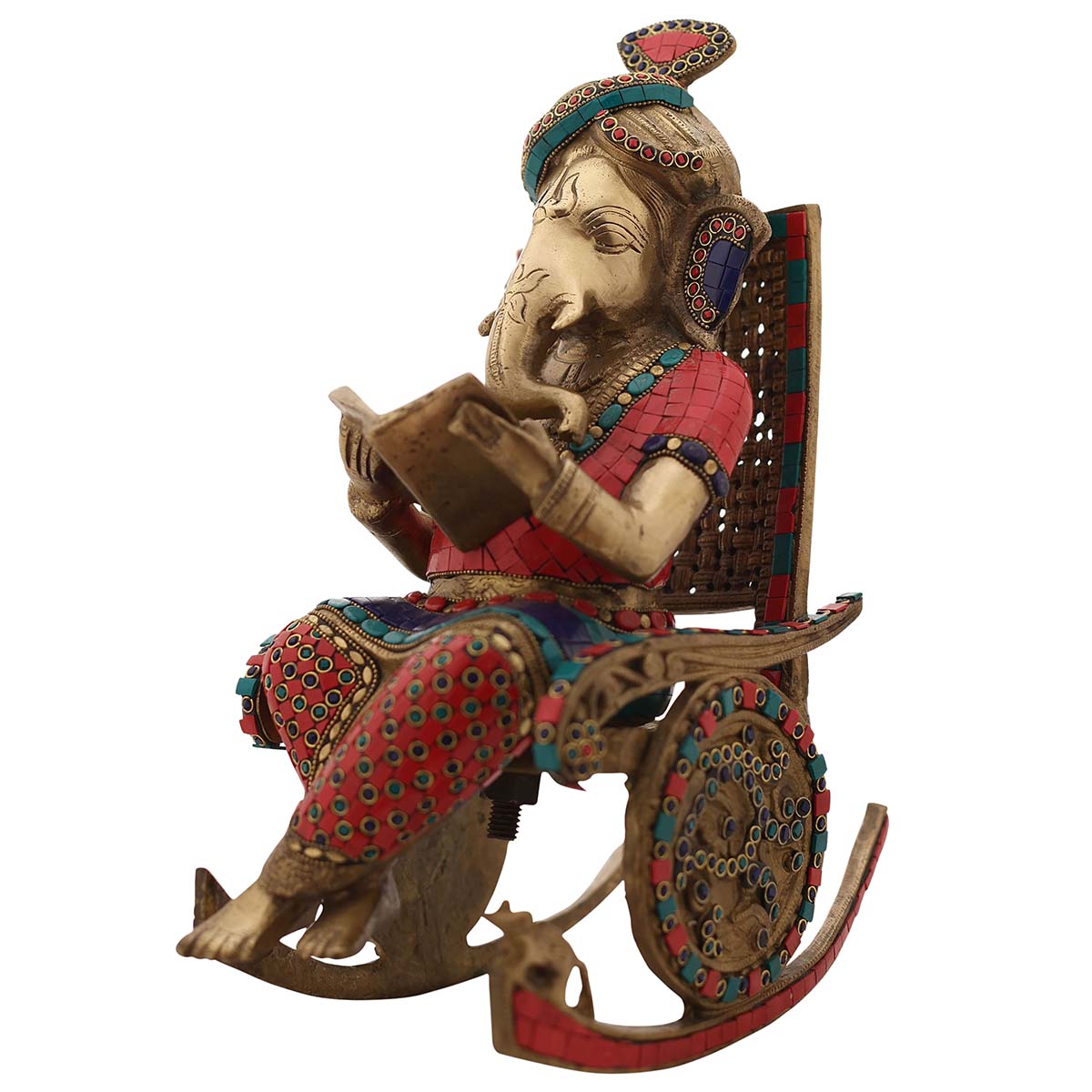 Lord Ganesha Colorful reading Idol made of Pure Brass - 7.5 x 13 x 15.5 Inch, 11.5 Kg