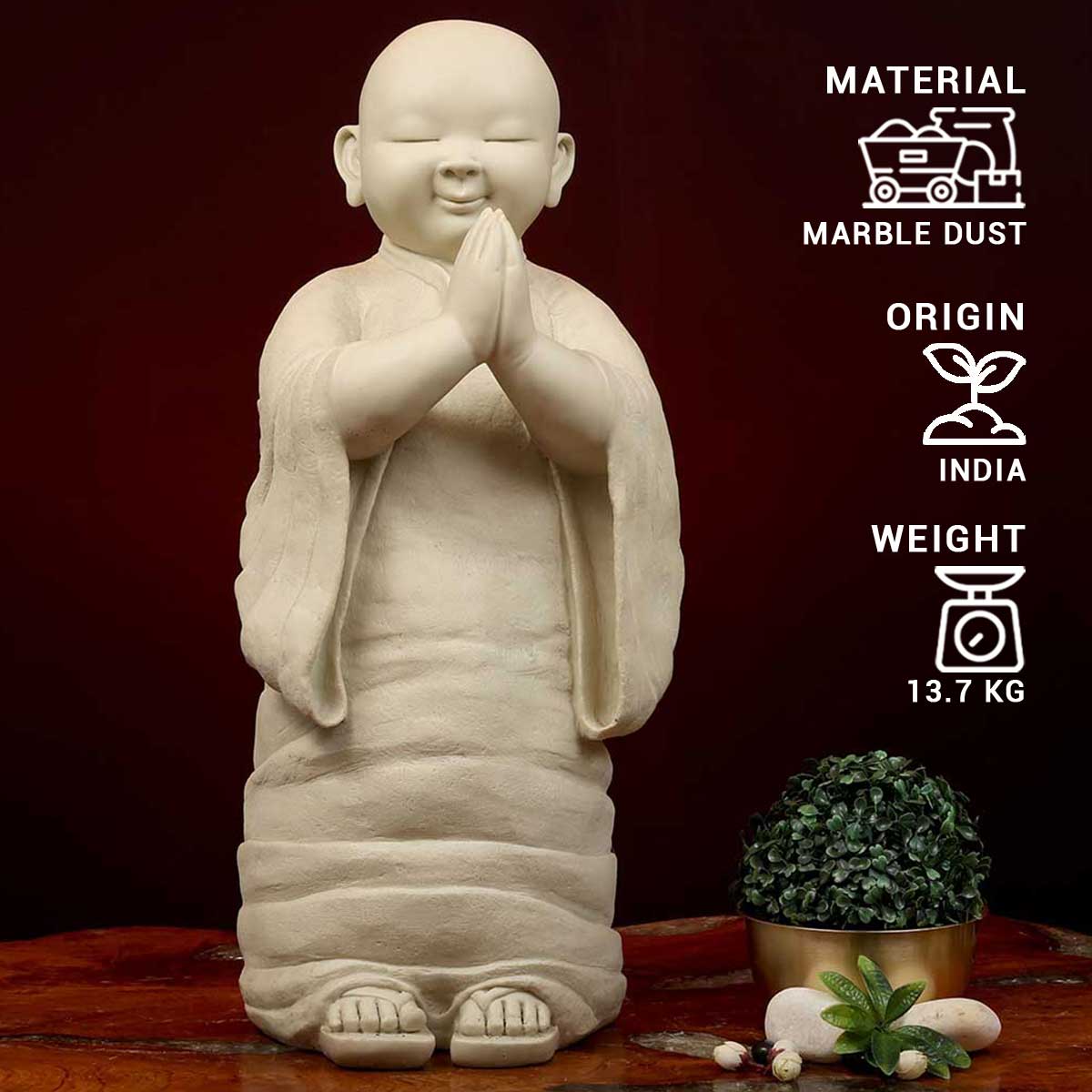 Lord Namaste Monk Made of Marble Dust - 10 x 10 x 27 Inch, 13.7 Kg
