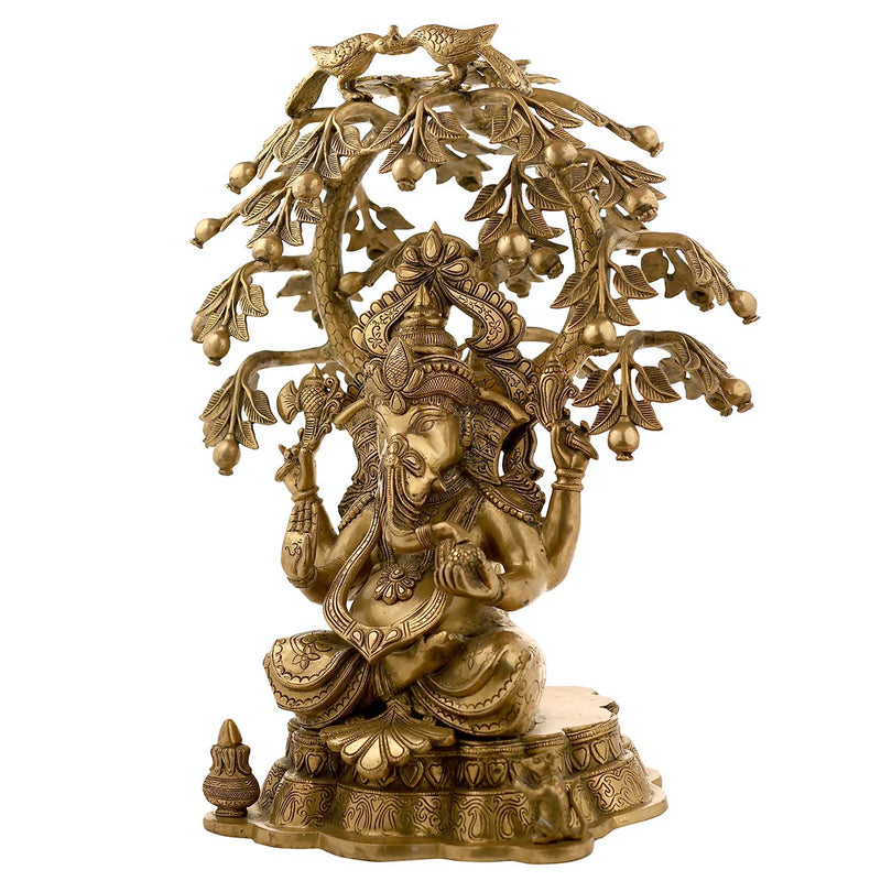 Lord Ganesha sitting under tree and peacocks Idol made of Pure Brass - 22 x 20 x 25 Inch, 28.3 Kg