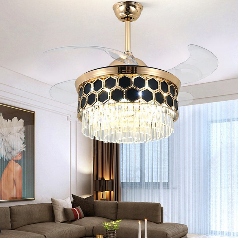 Chandelier Ceiling Fan with LED Light and Retractable Blades- Black Fan urbancart.in