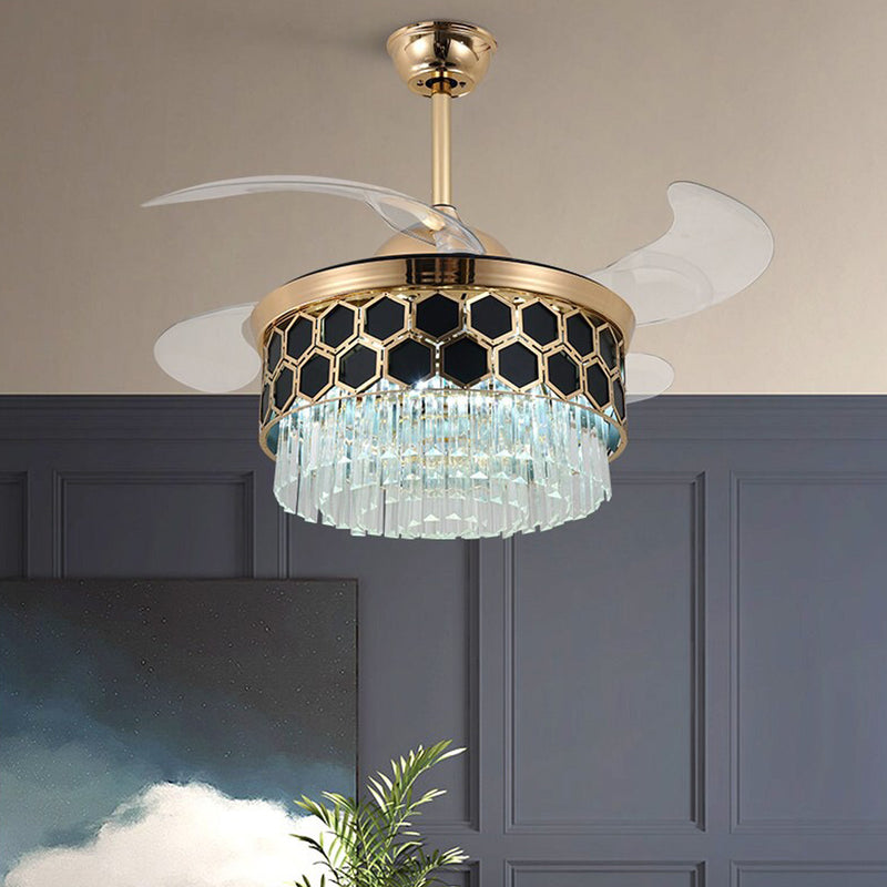 Chandelier Ceiling Fan with LED Light and Retractable Blades- Black Fan urbancart.in