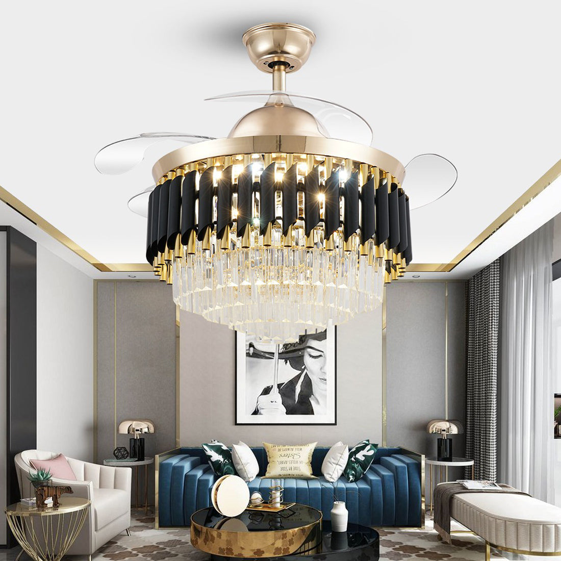 Crystal Chandelier Fan with LED Light and Blades- Black Fan urbancart.in